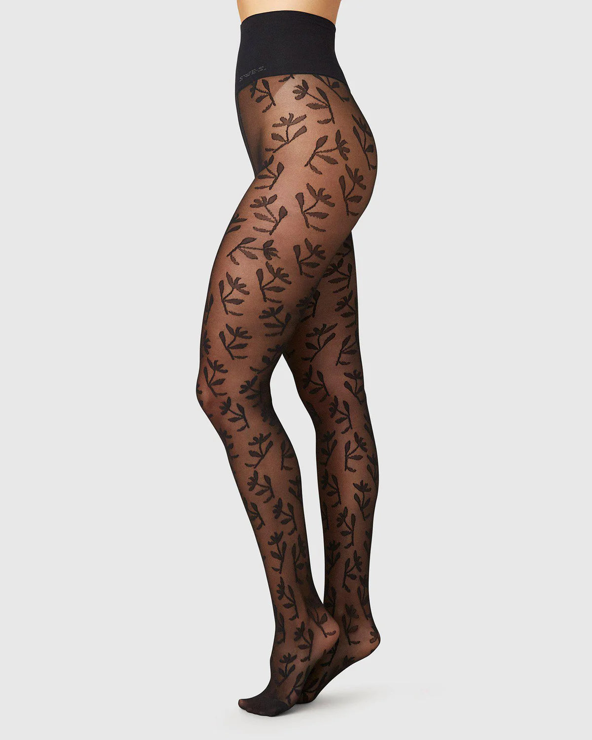 SWEDISH STOCKINGS - FLORA FLOWERS TIGHTS - BLACK