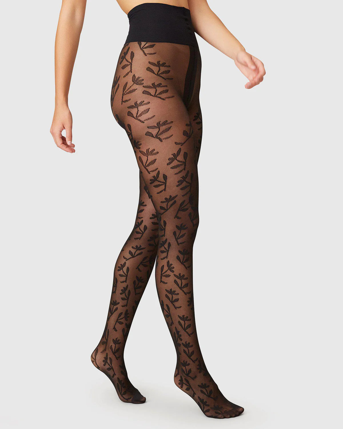 SWEDISH STOCKINGS - FLORA FLOWERS TIGHTS - BLACK